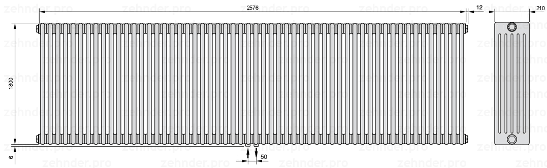 Схема (чертеж) Радиатор Zehnder Charleston 6180/56 №3470 Белый глянцевый RAL 9016